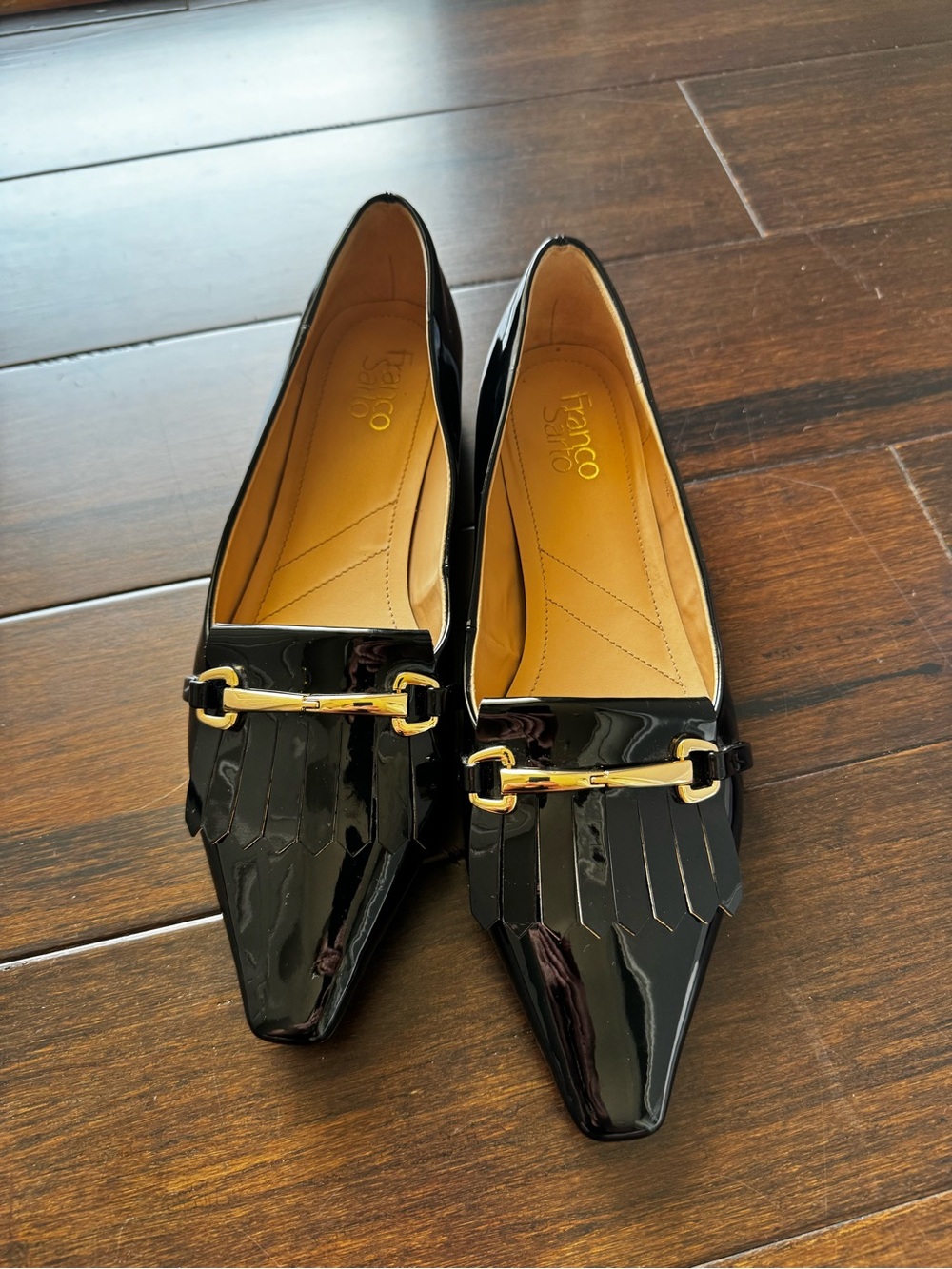 Franco Sarto Black Patent Pointed Loafers with Gold Hardware